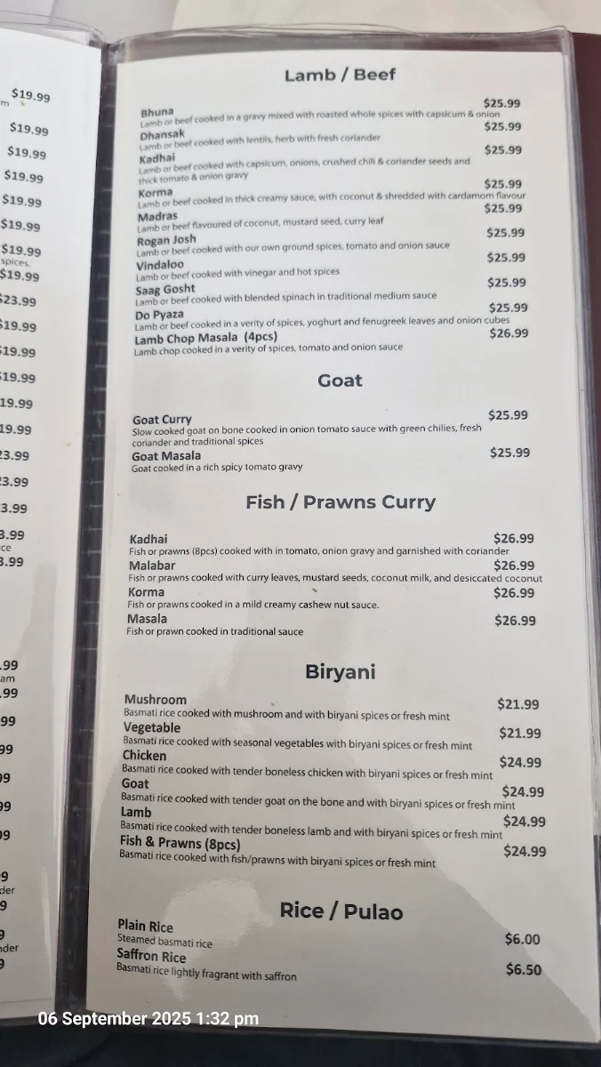 Menu, Cinnamon Spice Indian Restaurant