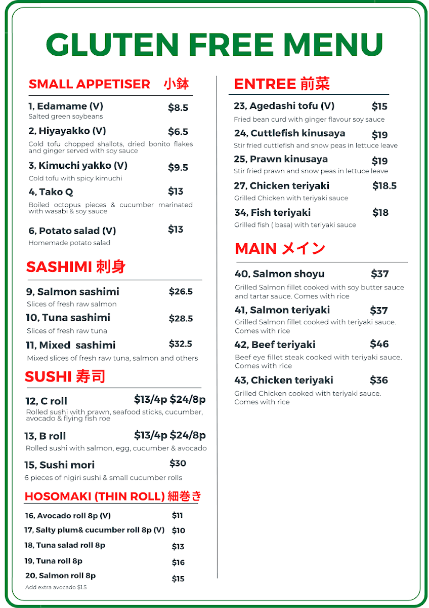 Menu, Bishamon Japanese Restaurant