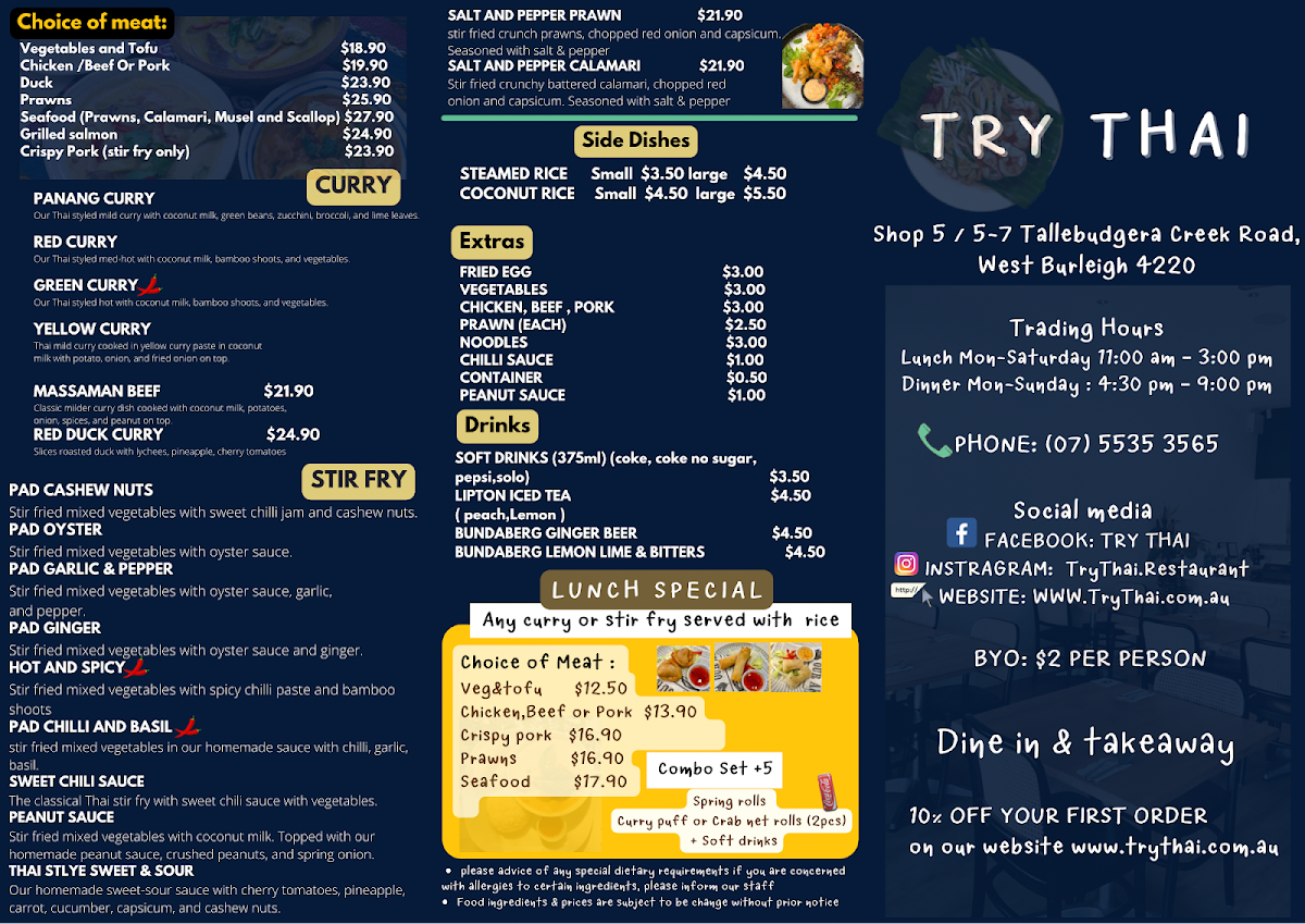Menu, Try Thai Restaurant