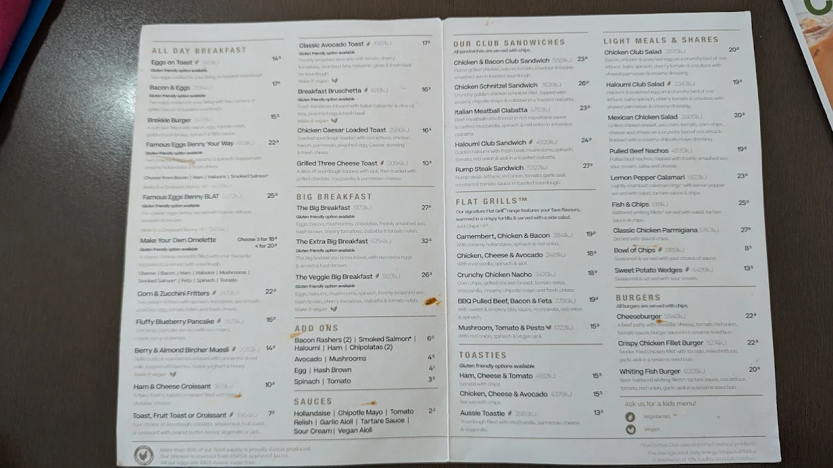 Menu, The Coffee Club