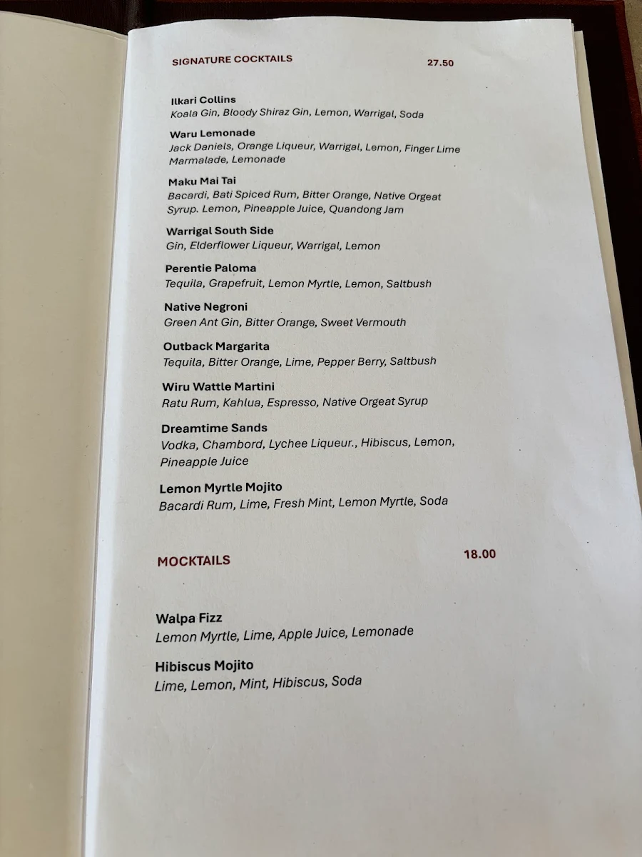 Menu, Waḻpa Lobby Bar