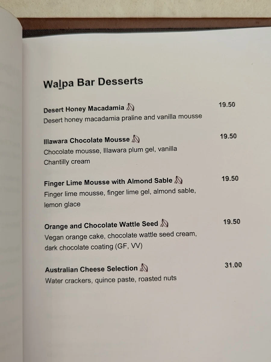 Menu, Waḻpa Lobby Bar