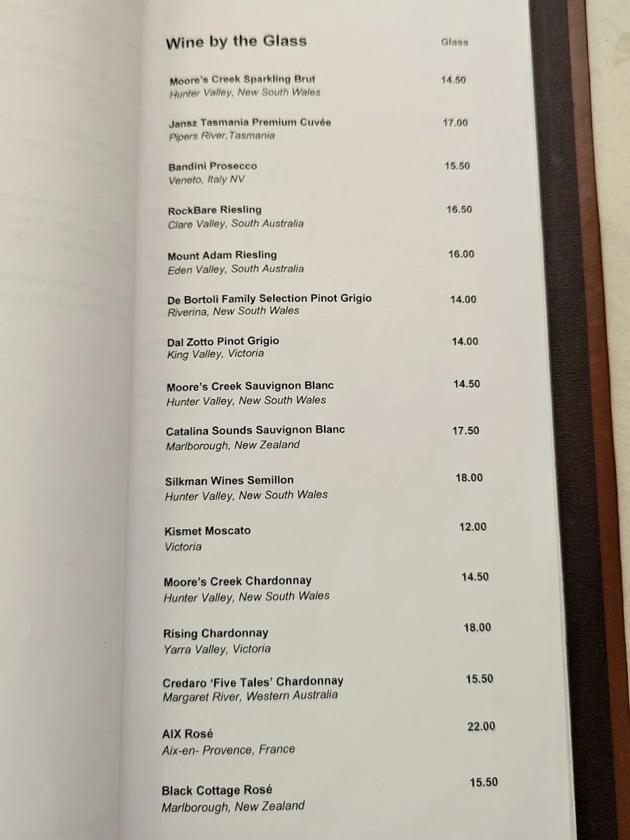 Menu, Waḻpa Lobby Bar