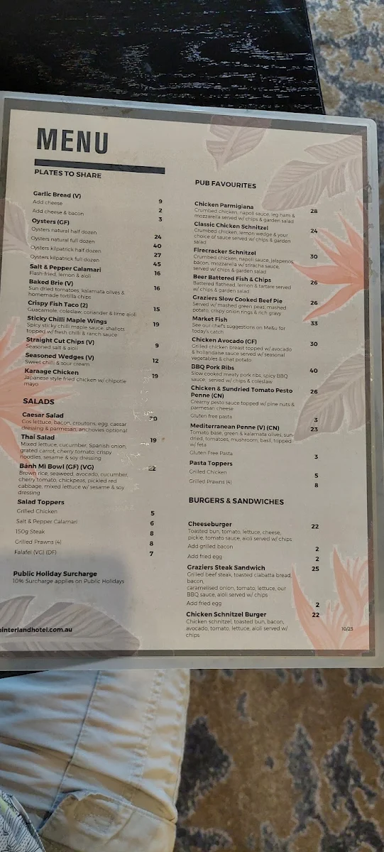 Menu, Hinterland Hotel