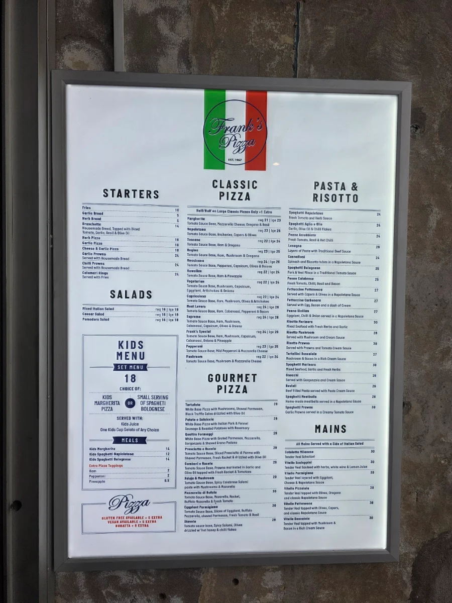 Menu, Frank's Pizza Bar Restaurant