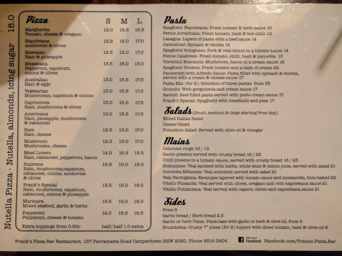 Menu, Frank's Pizza Bar Restaurant