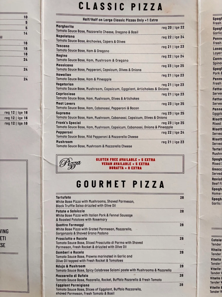 Menu, Frank's Pizza Bar Restaurant