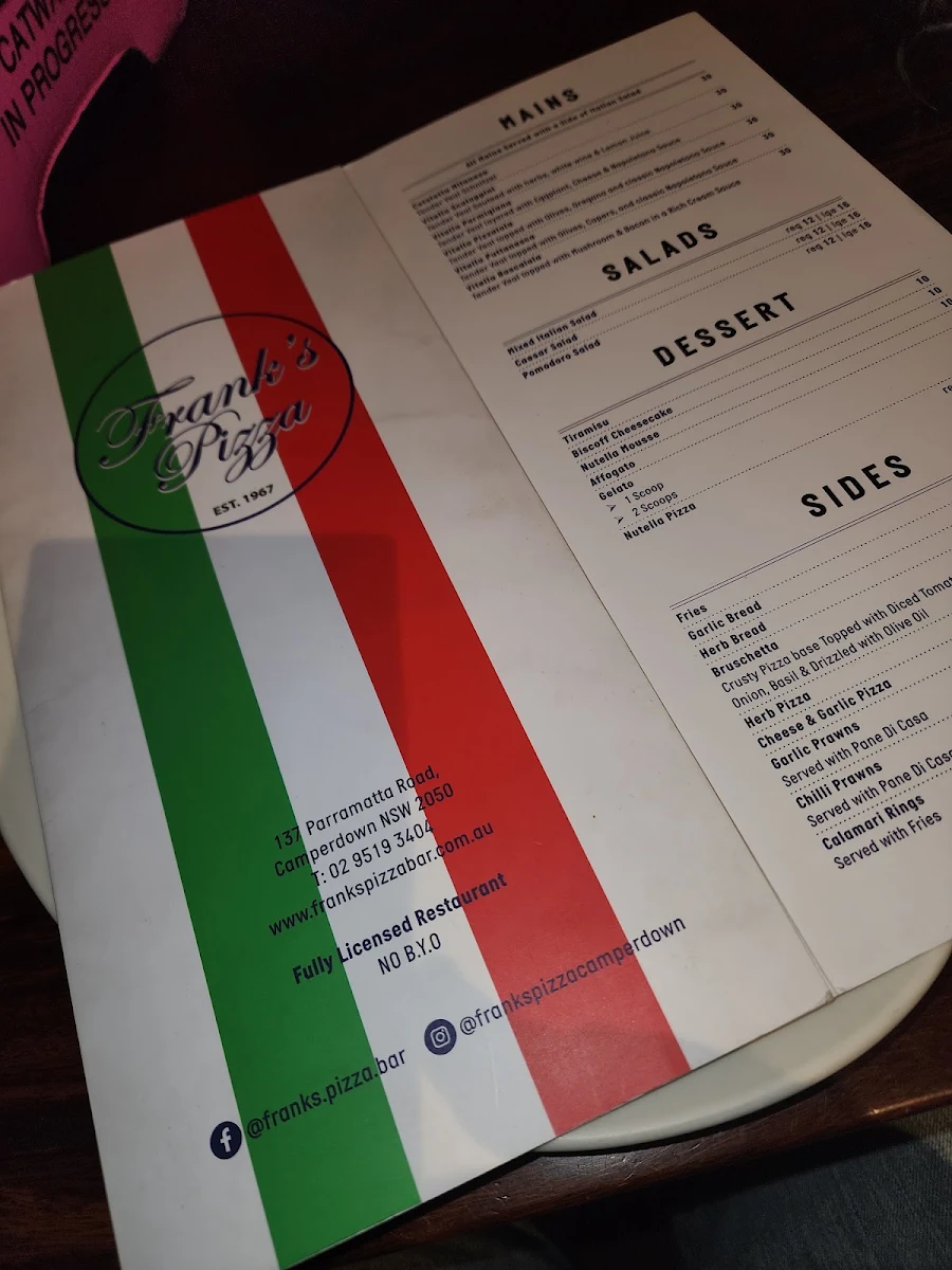Menu, Frank's Pizza Bar Restaurant