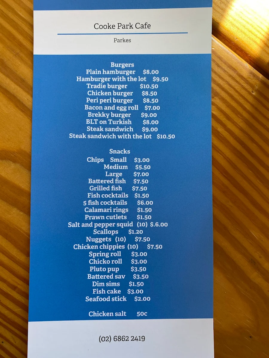 Menu, Cooke Park Cafe