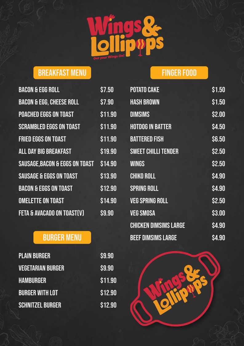 Menu, Wings & Lollipops