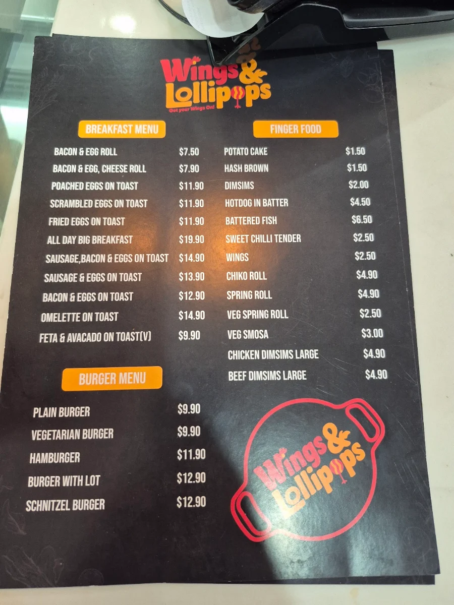 Menu, Wings & Lollipops