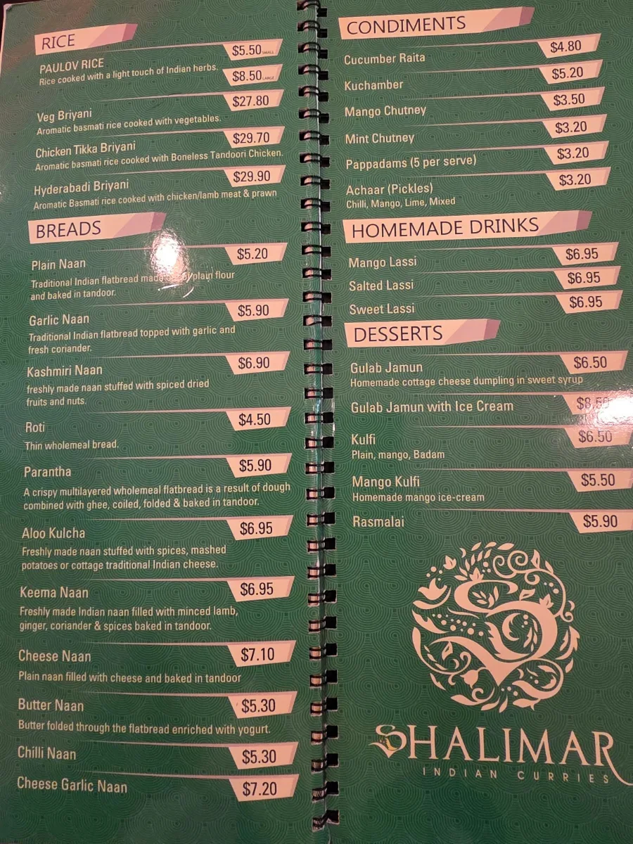 Menu, Shalimar Curries