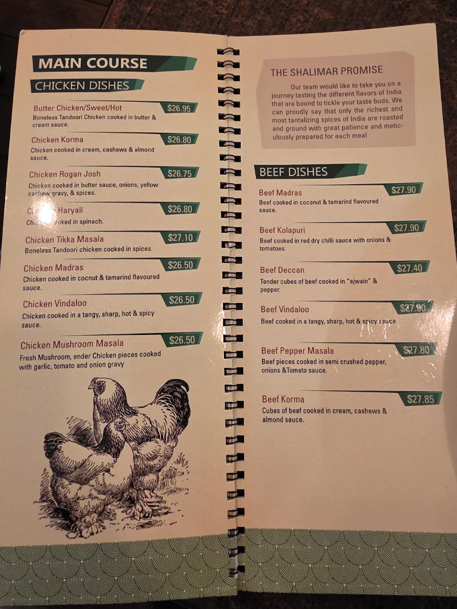 Menu, Shalimar Curries