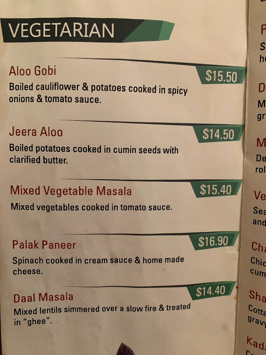 Menu, Shalimar Curries