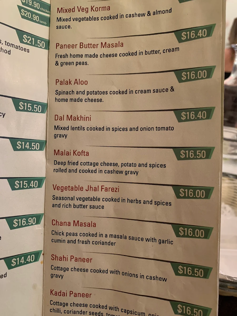 Menu, Shalimar Curries