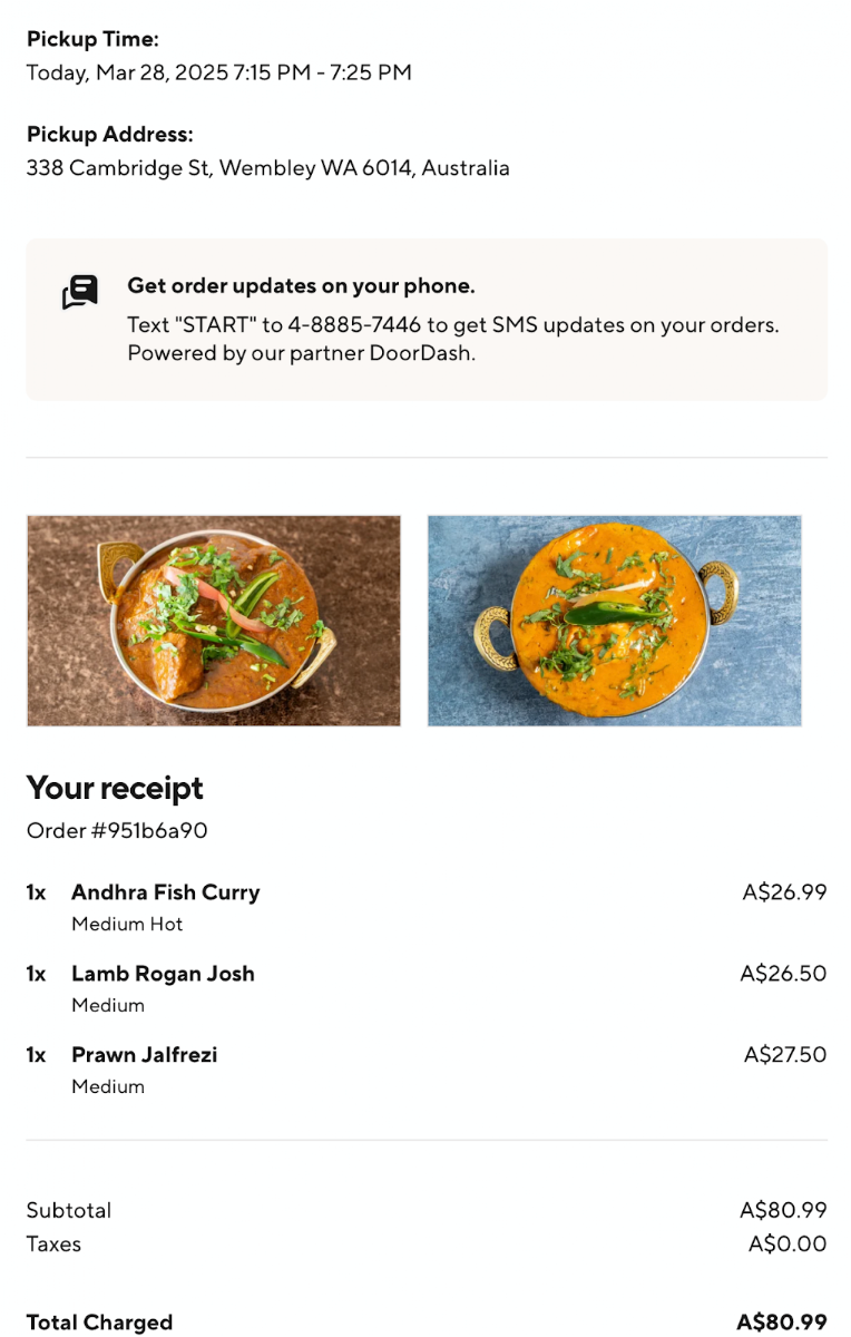 Menu, Shalimar Curries