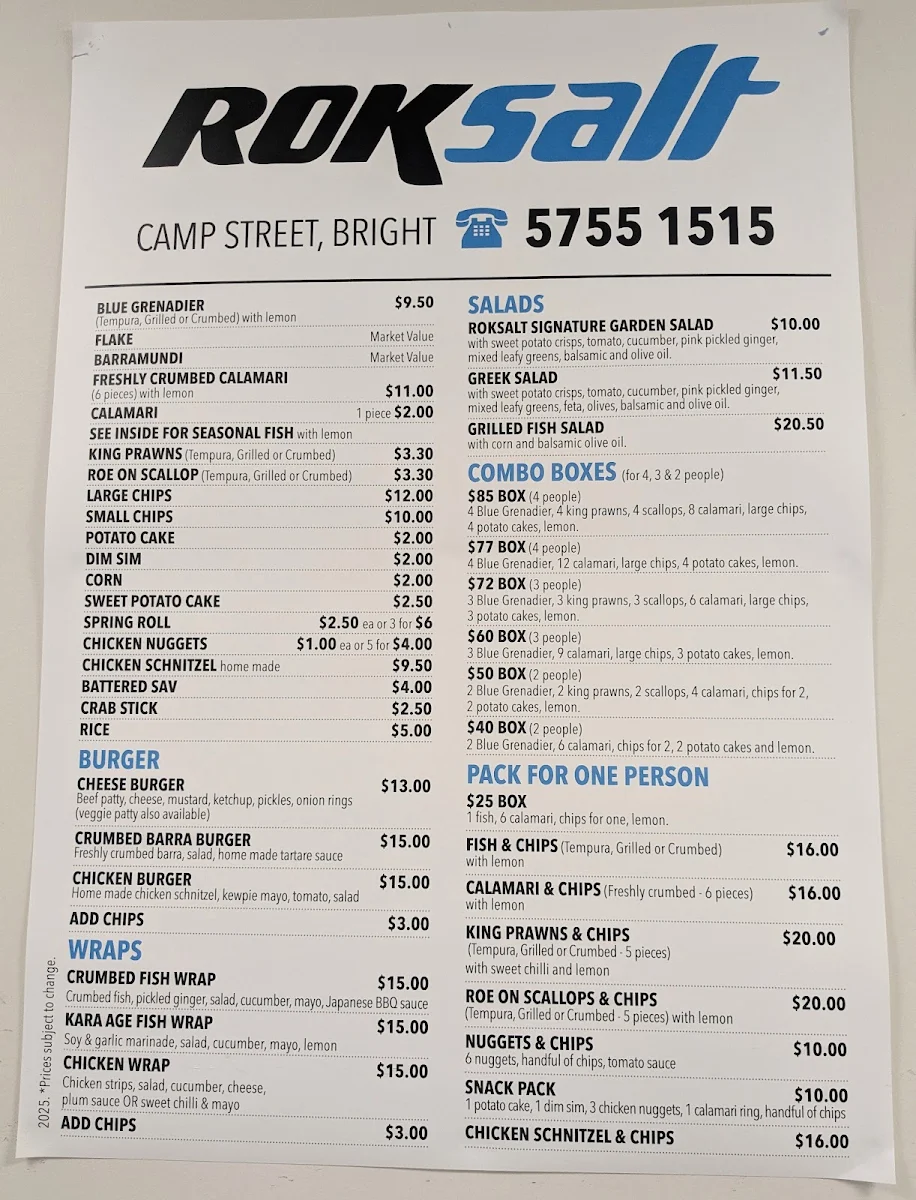 Menu, Roksalt Pizza and Fish & Chippery