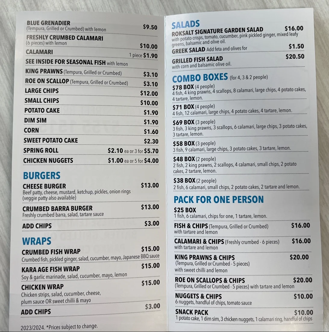 Menu, Roksalt Pizza and Fish & Chippery