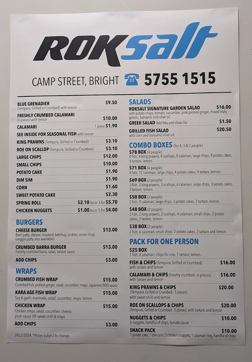 Menu, Roksalt Pizza and Fish & Chippery