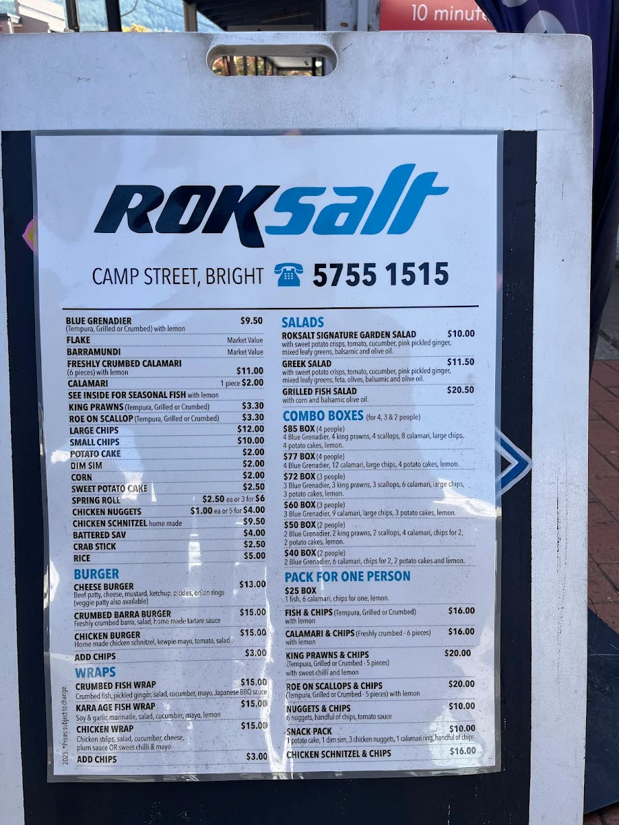 Menu, Roksalt Pizza and Fish & Chippery