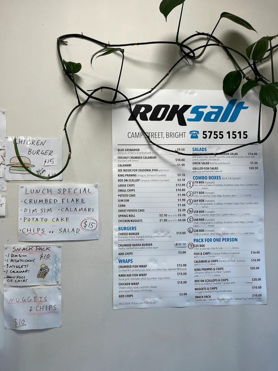 Menu, Roksalt Pizza and Fish & Chippery