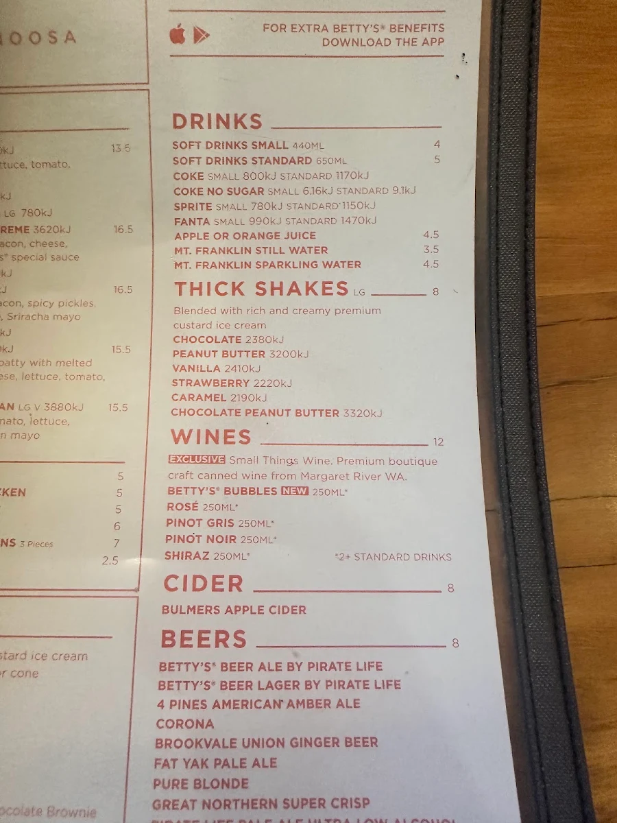 Menu, Betty's Burgers