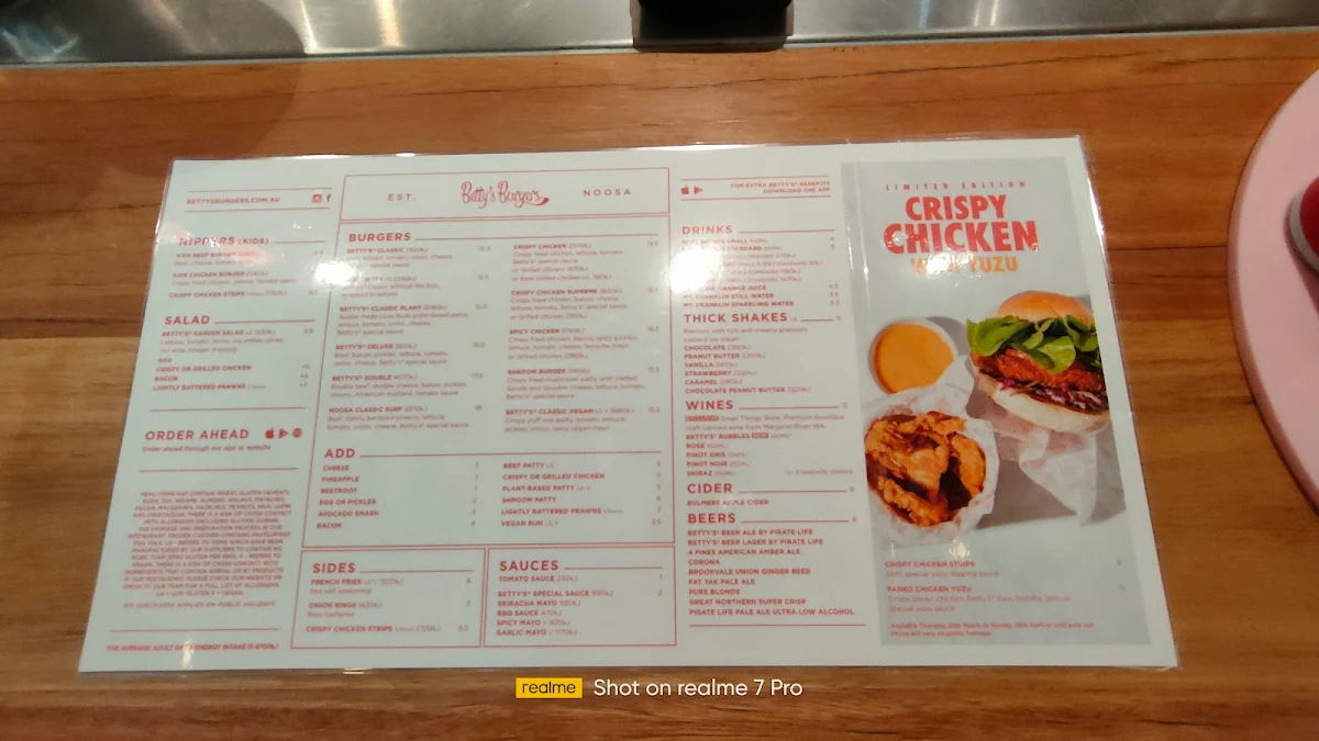 Menu, Betty's Burgers
