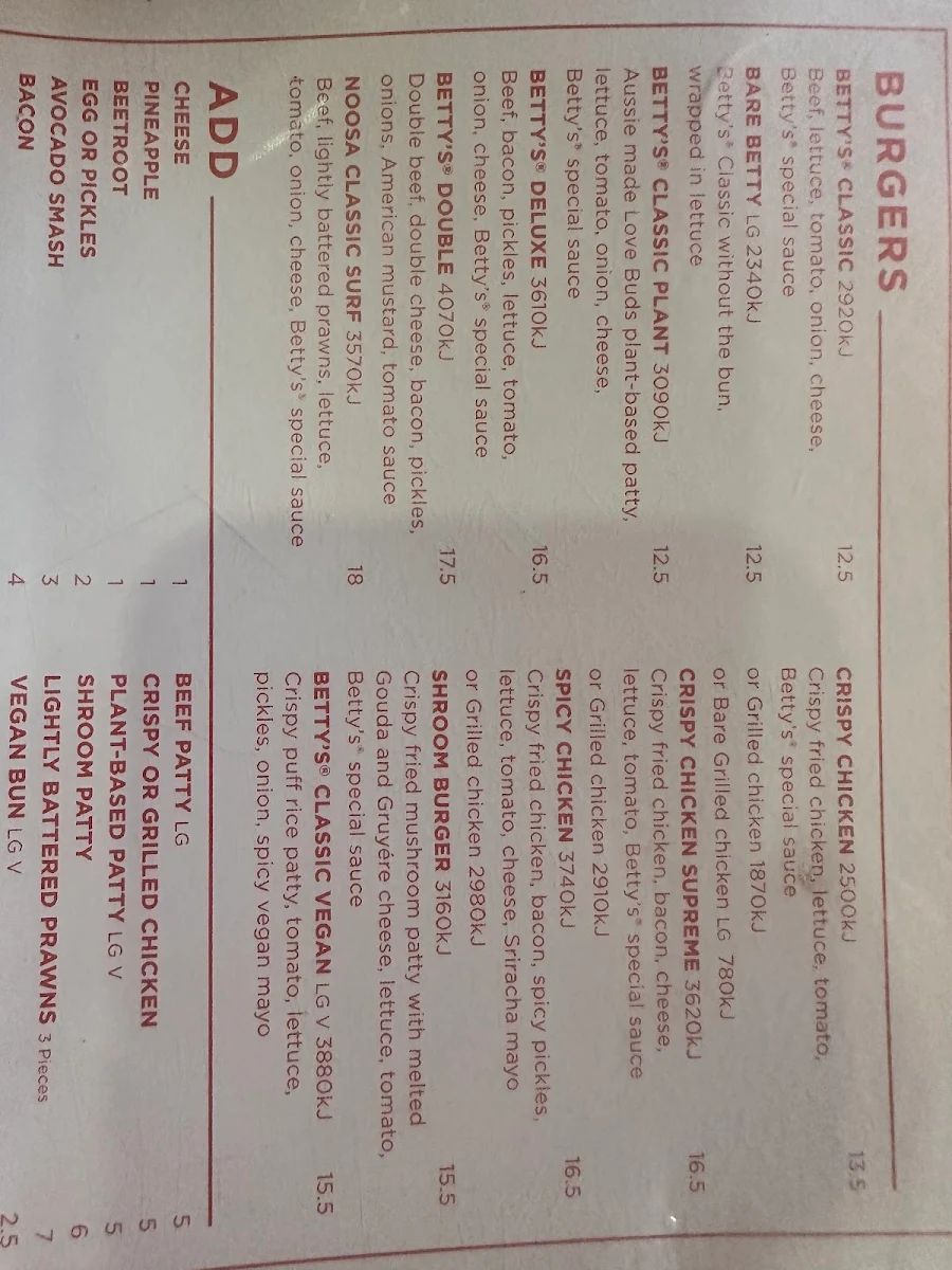 Menu, Betty's Burgers