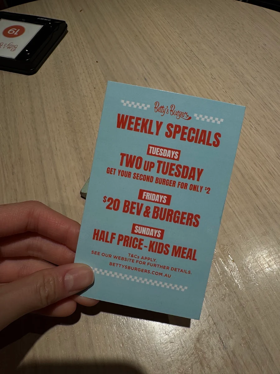 Menu, Betty's Burgers