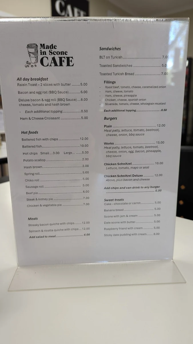 Menu, Made in Scone Cafe