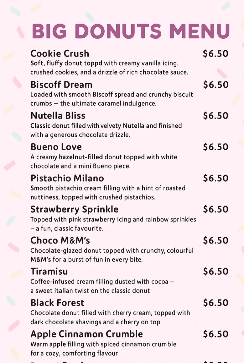 Menu, Alonso's Donuts
