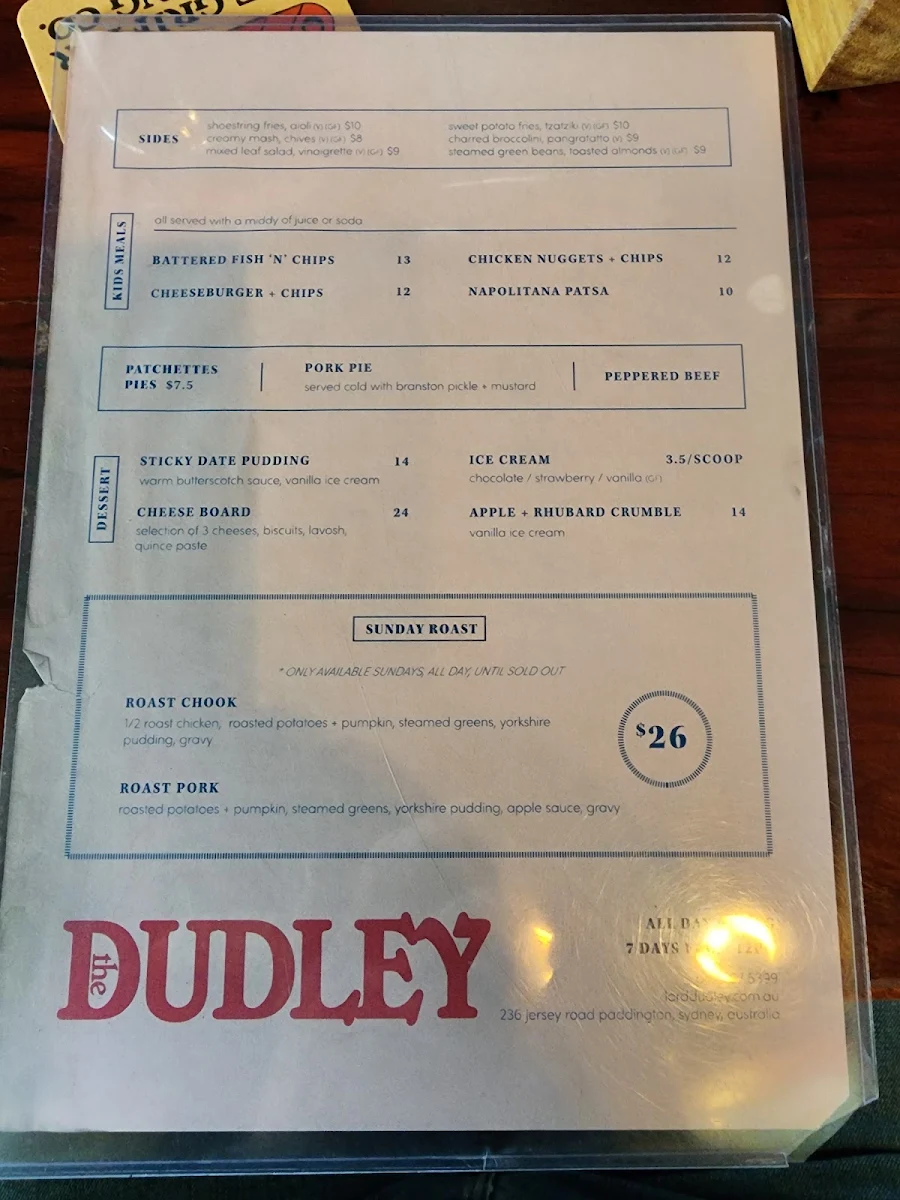 Menu, Lord Dudley Hotel