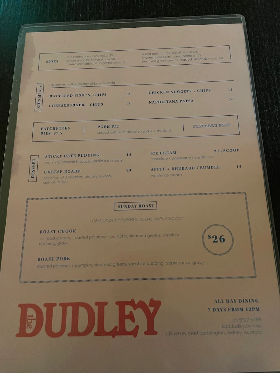 Menu, Lord Dudley Hotel