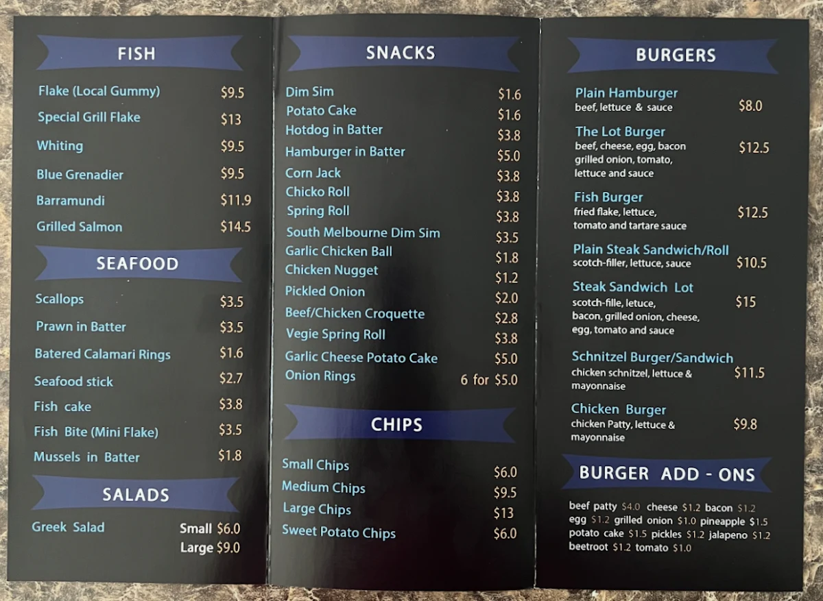 Menu, Broadway Fish & Chips Shop