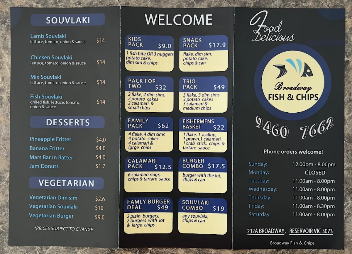 Menu, Broadway Fish & Chips Shop