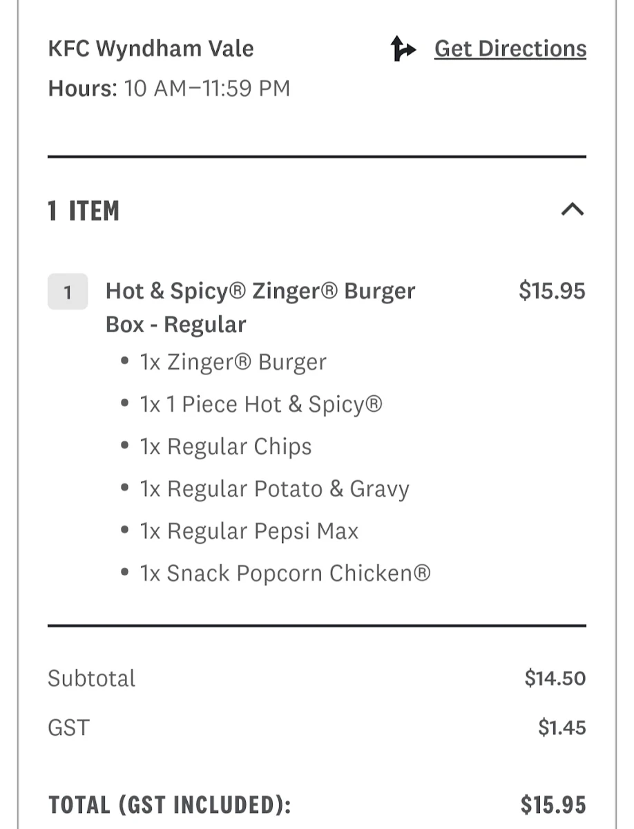 Menu, KFC Wyndham Vale