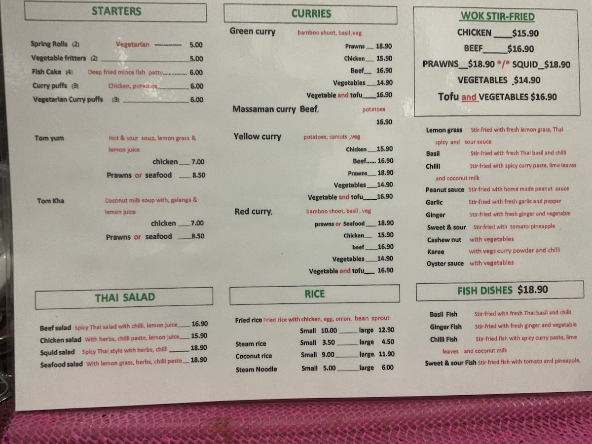 Menu, Smile Thai