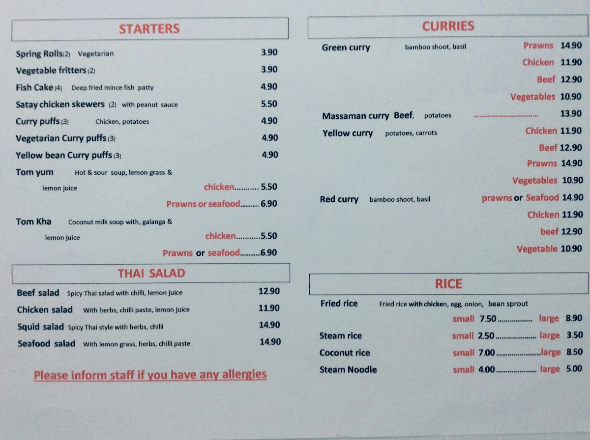 Menu, Smile Thai