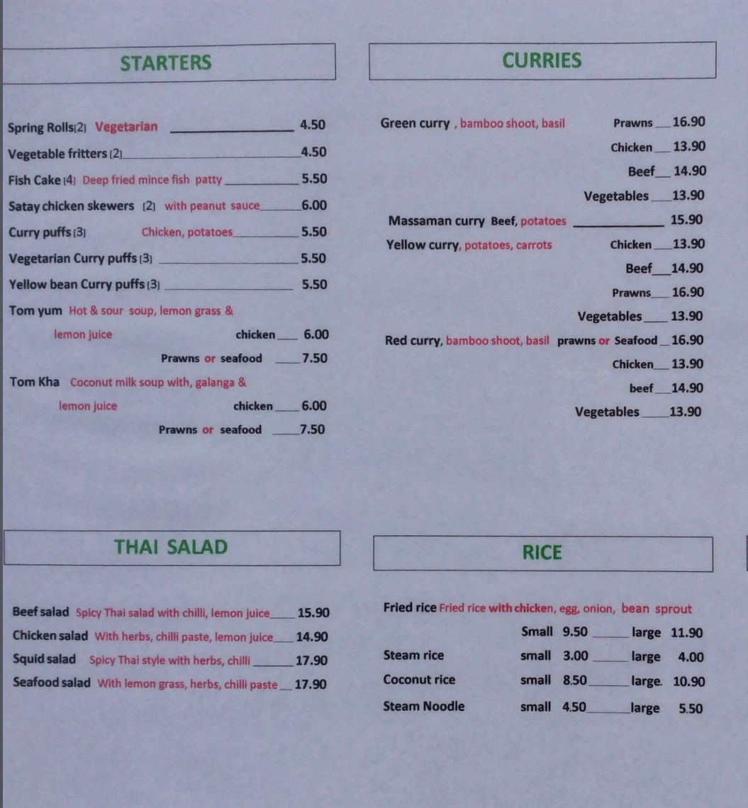 Menu, Smile Thai