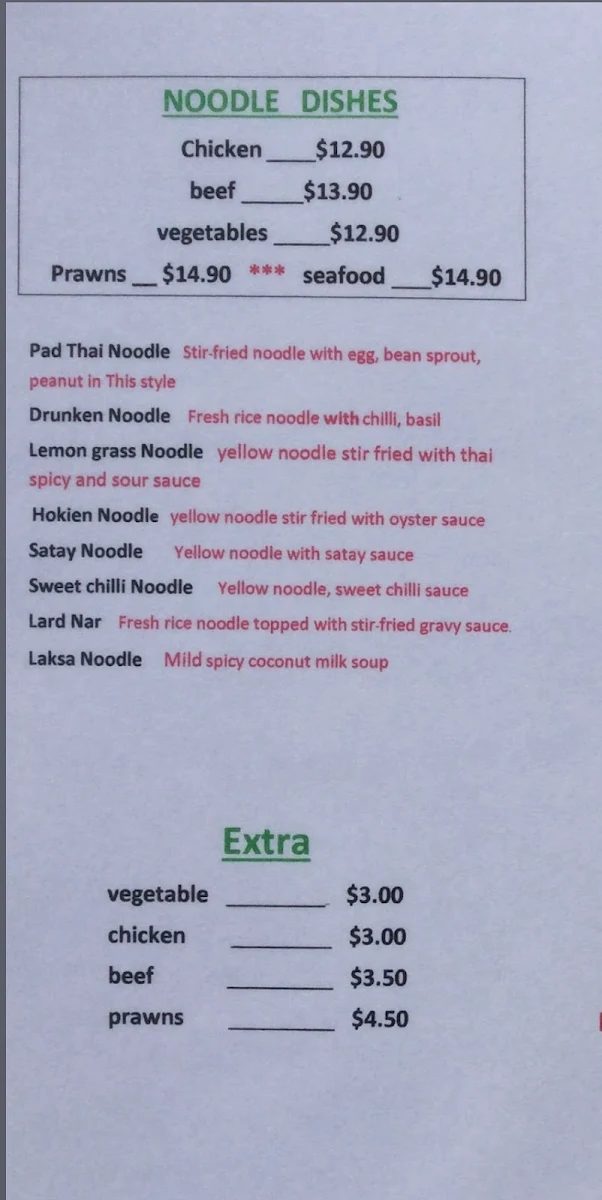 Menu, Smile Thai