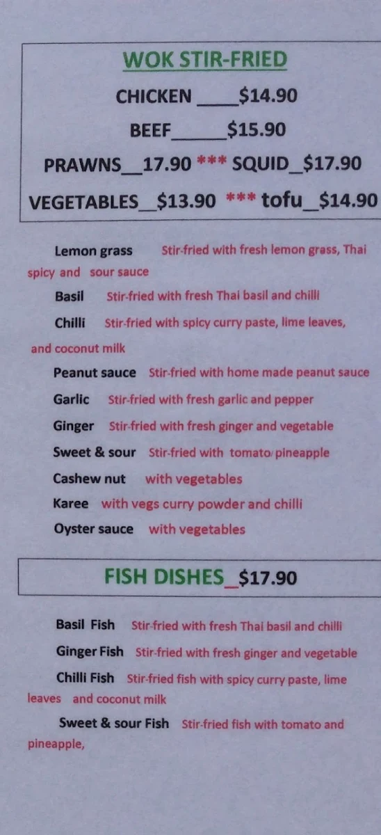 Menu, Smile Thai