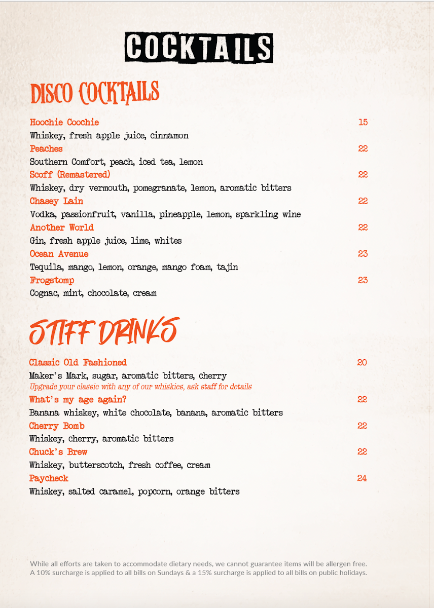 Menu, Chuck Trailer's Bondi Beach
