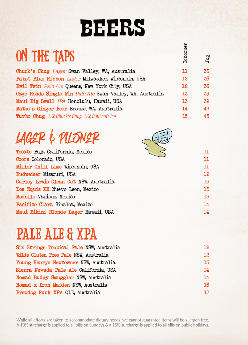 Menu, Chuck Trailer's Bondi Beach