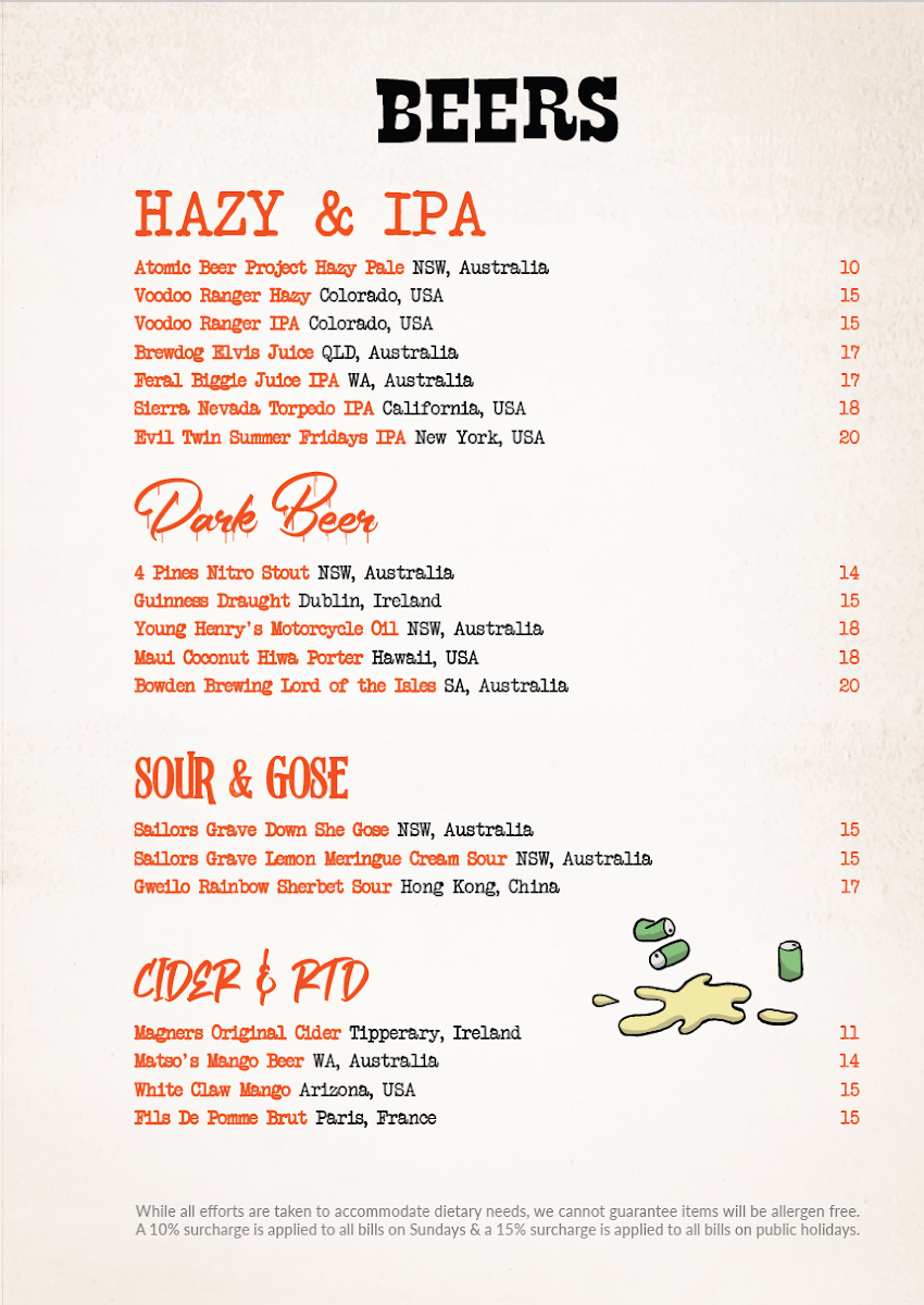 Menu, Chuck Trailer's Bondi Beach