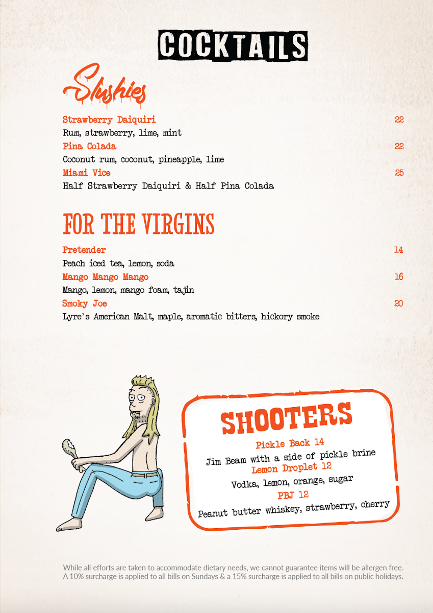 Menu, Chuck Trailer's Bondi Beach