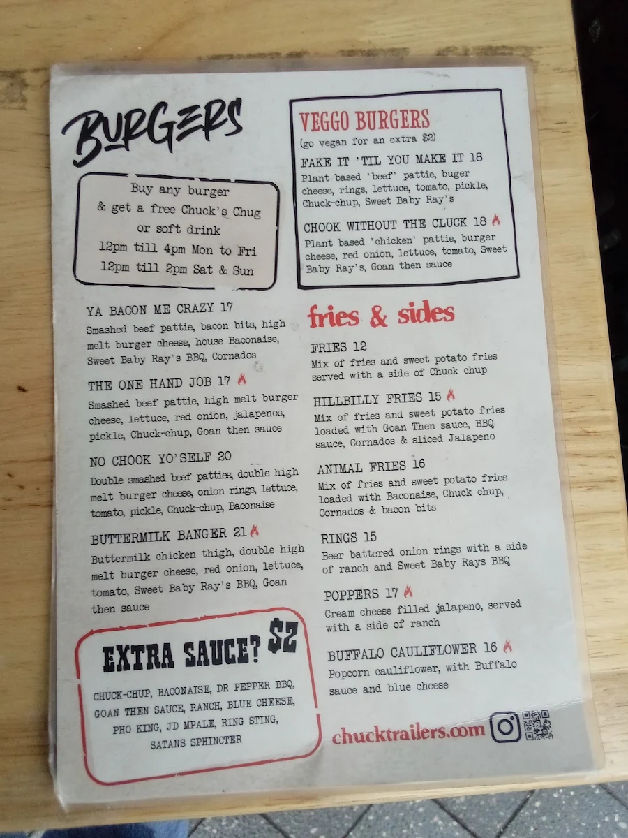 Menu, Chuck Trailer's Bondi Beach