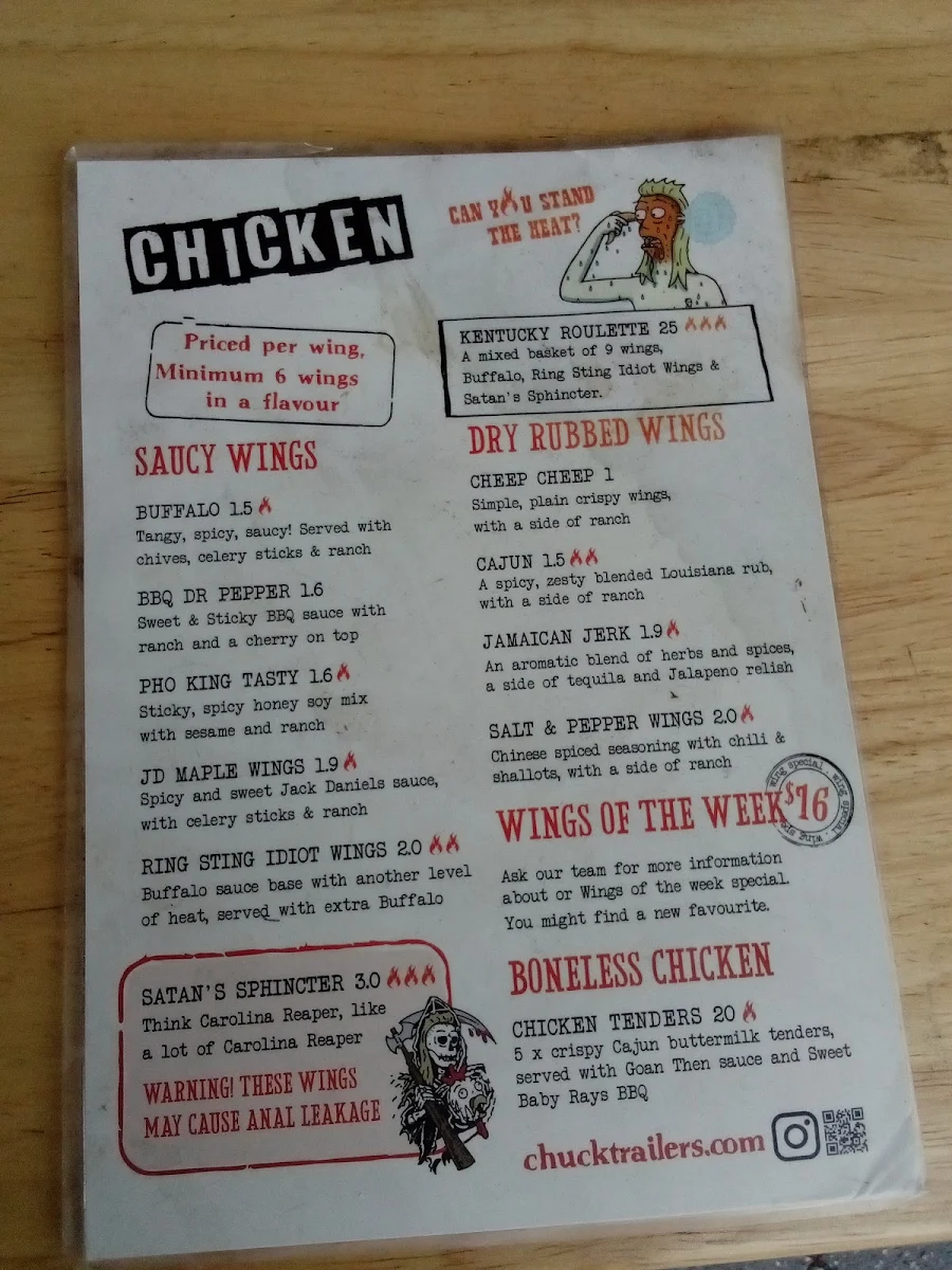 Menu, Chuck Trailer's Bondi Beach