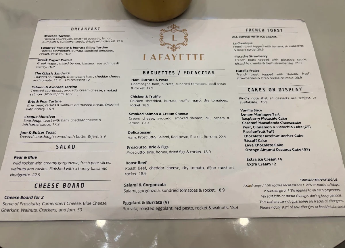 Menu, LAFAYETTE CAFE
