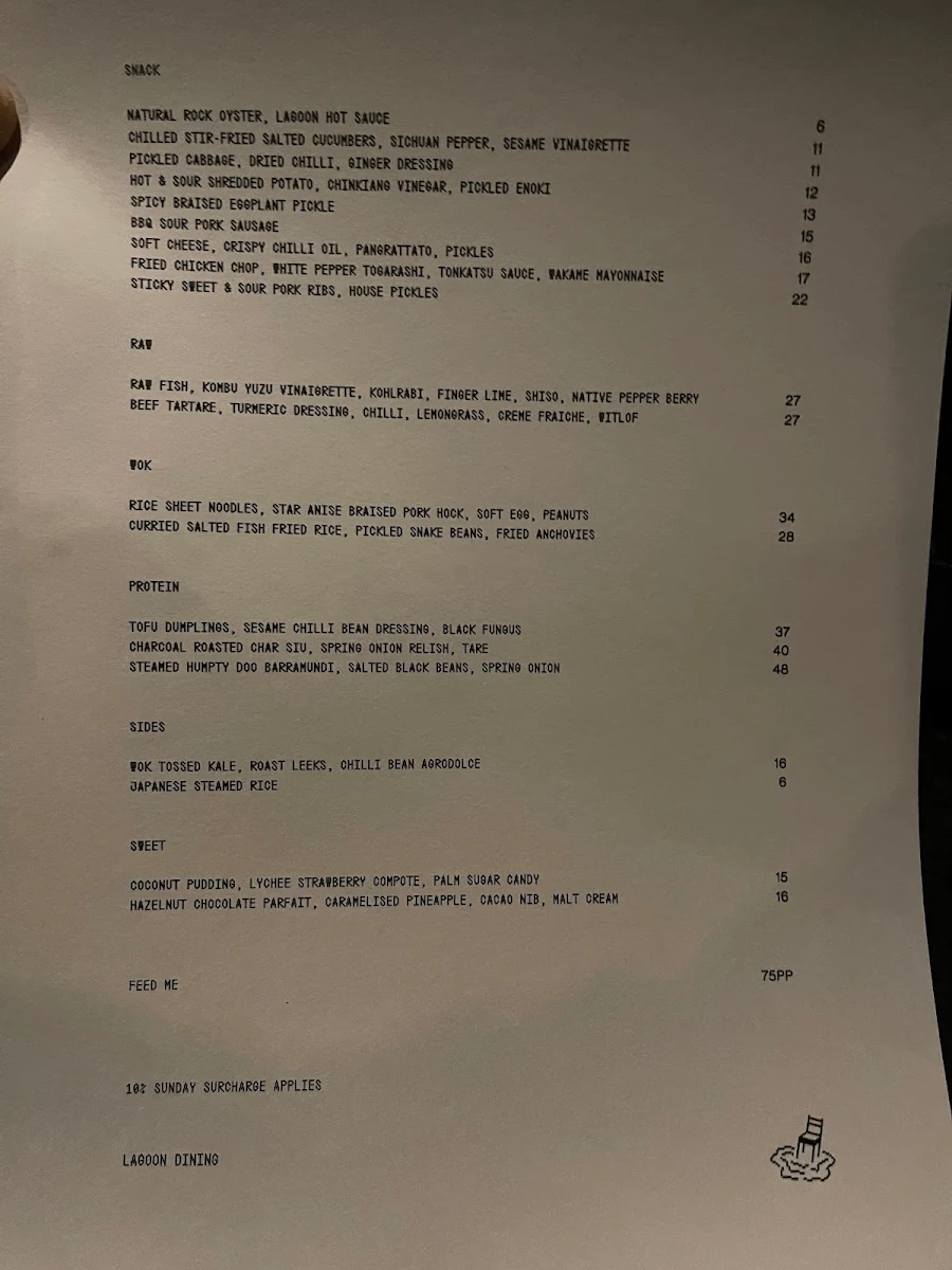Menu, Lagoon Dining