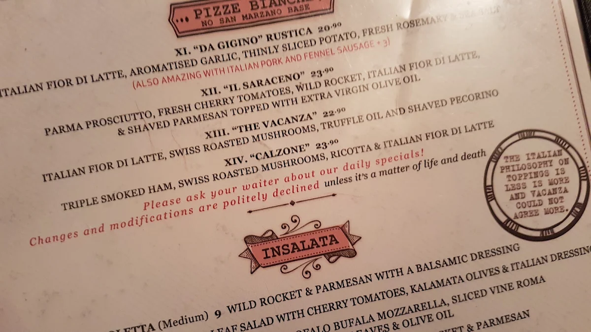 Menu, Vacanza Pizzeria Bronte Road